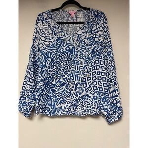 Lilly Pulitzer Blouse Women S Blue White Excellent Rayon Abstract Split Neck Tie